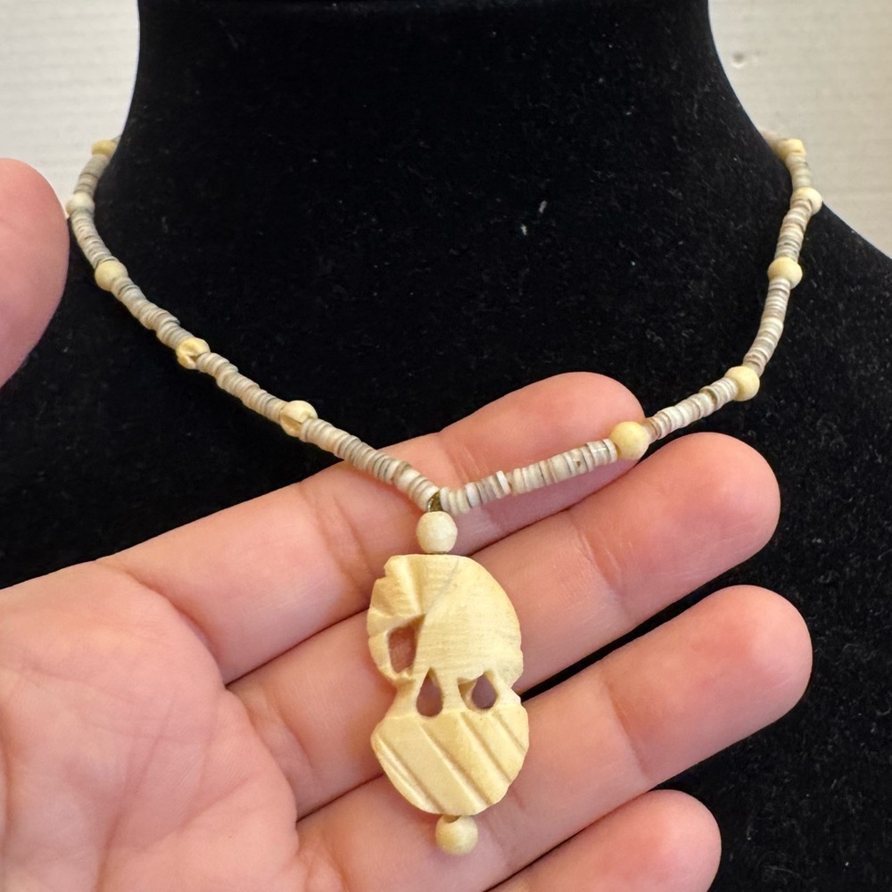 Cream Color 15" Beaded Elephant Shape Carved Necklace Boho Native Tribal Jewelry
